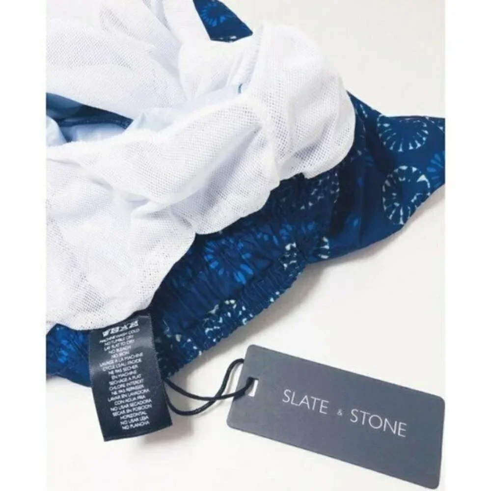 Slate & Stone Mens Blue Geo Print Pockets Swim Trunks Swimwear Sz L New